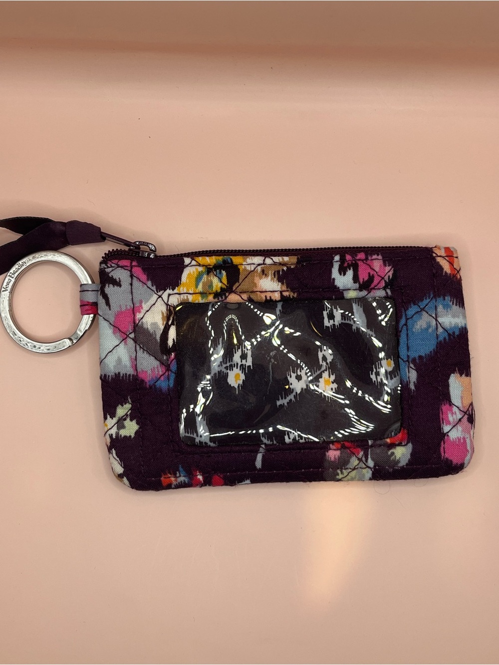 Vera Bradley Indiana Rose Plum Floral Quilted ID Card Wristlet with Keyring